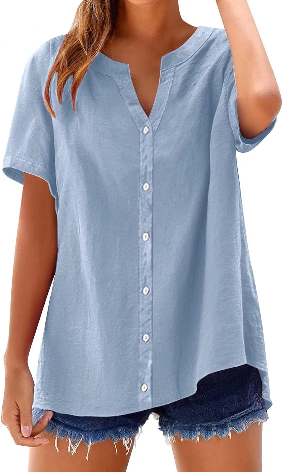 Блуза свободная с воротником-стойкой Loose Button Shirt Top, голубой