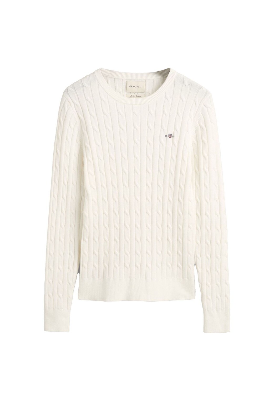 

Женский свитер - STRETCH COTTON CABLE C-NECK, круглый вырез, косая вязка, логотип GANT, экрю
