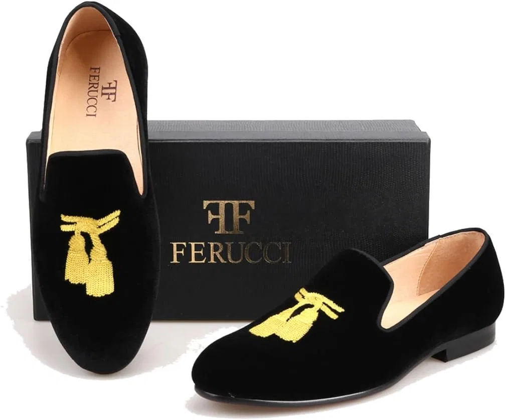 Лоферы с кисточками Black Velvet Gold Embroidered Tassel, черный FERUCCI — фото 3