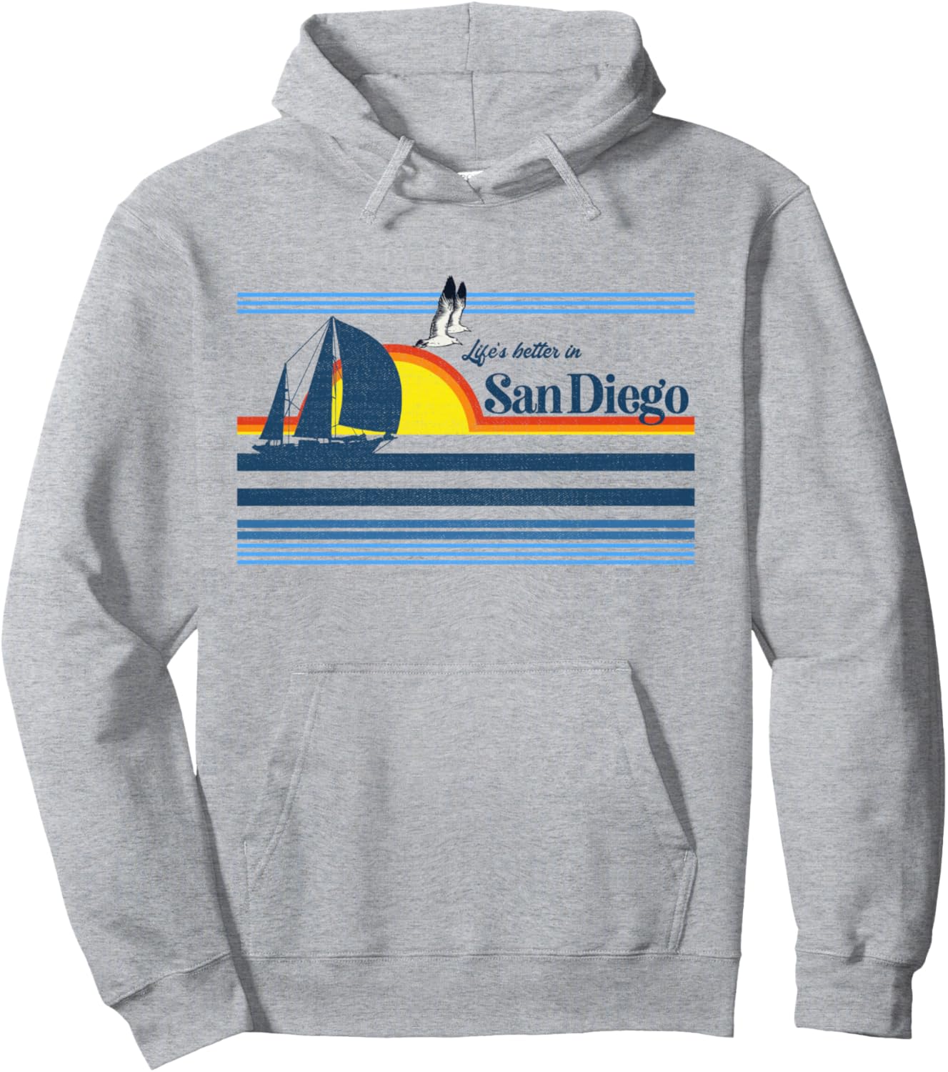 

Сан-Диего - Пляжный ретро 70-х/80-х, остров, парусная лодка, закат, худи Beach Retro Travel Souvenir Sunset Vintage 70S 80S, серый