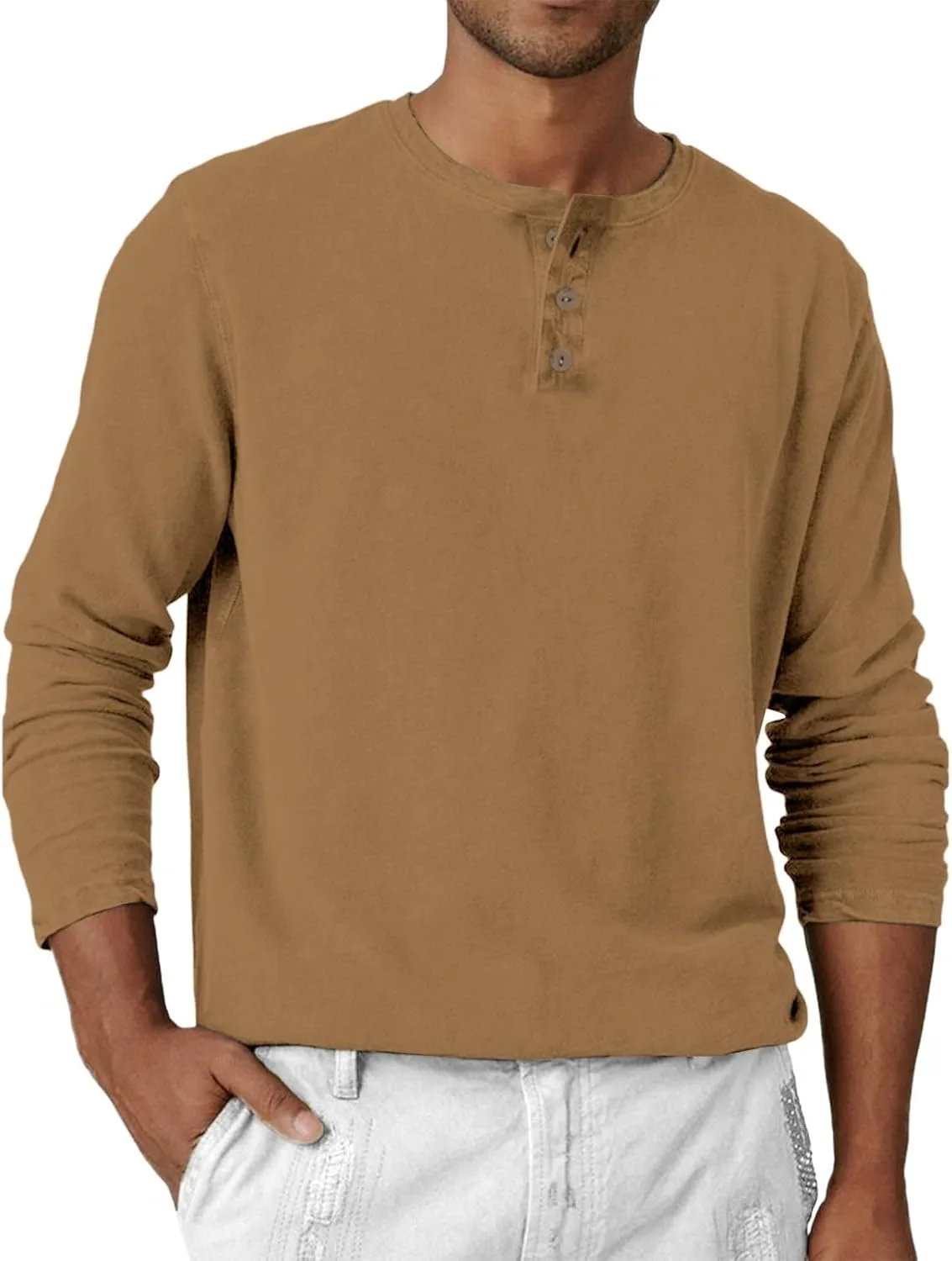 Летняя рубашка для мужчин, Long Sleeve Solid Color Henley, Casual — фото 4