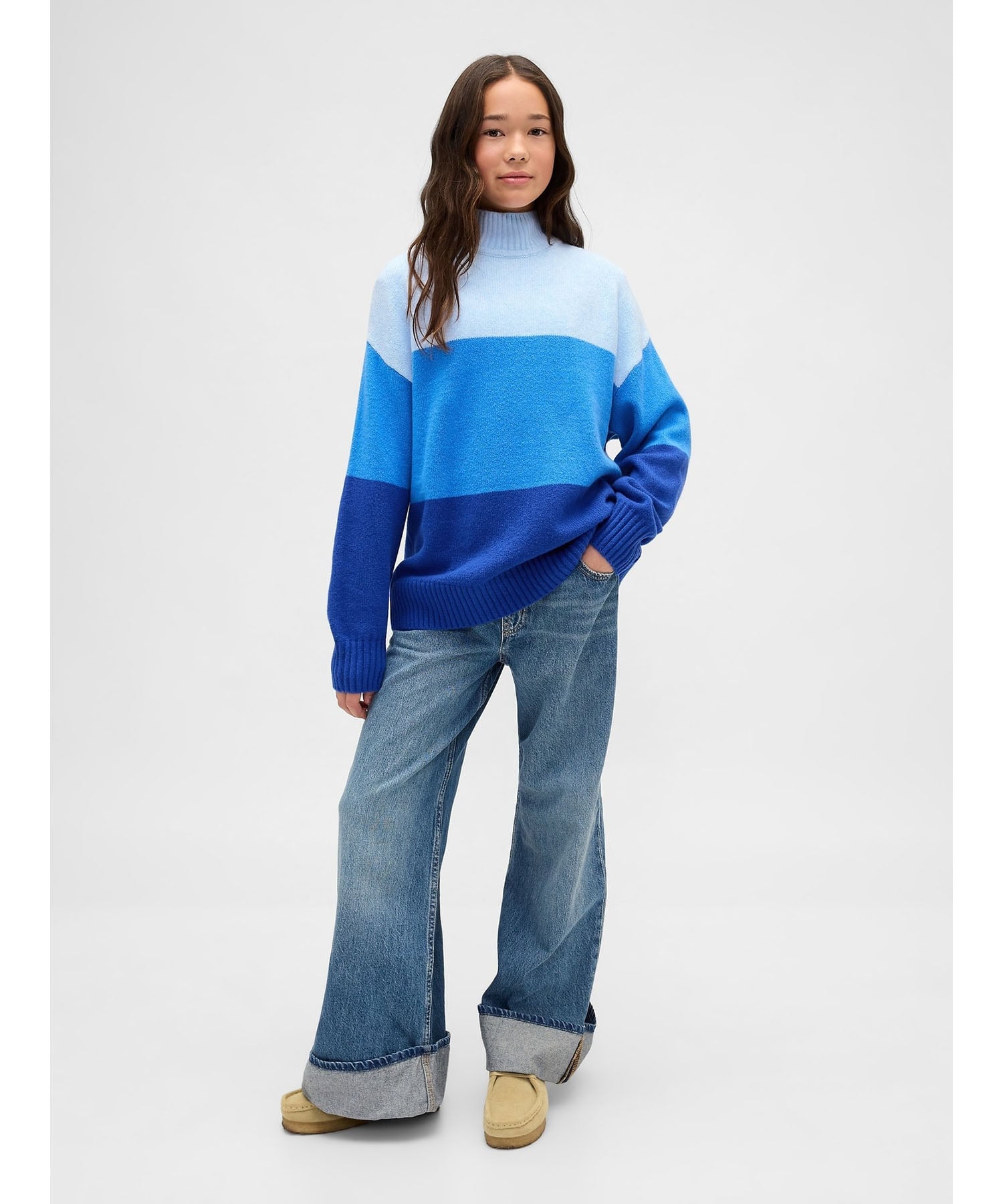 (K)CashSoft Кашемировый полосатый свитер-туника (детский) GAP, BLUE_STRIPE — фото 2