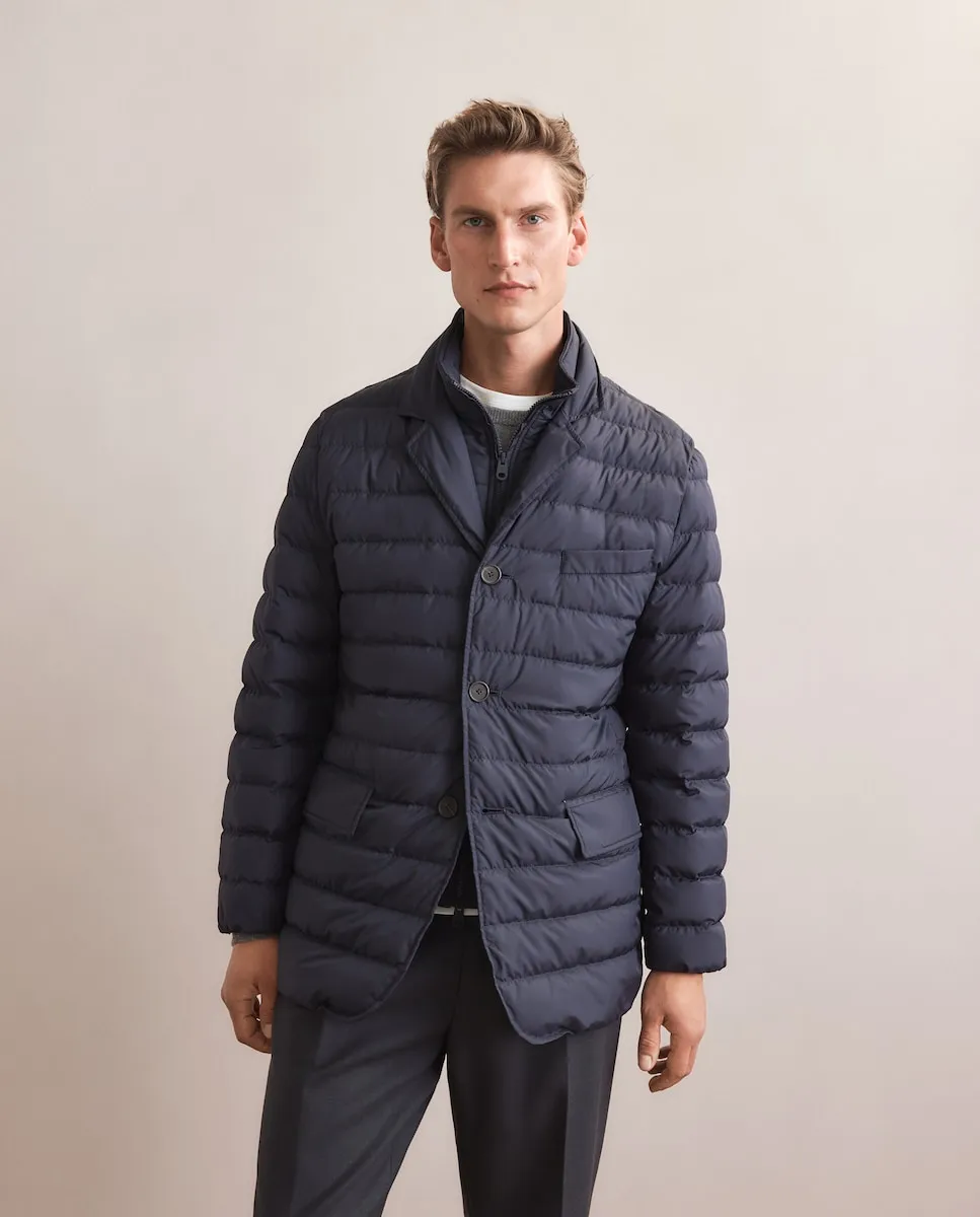 

Экологичный пуховик с кнопками и съемной планкой Emidio Tucci, темно-синий