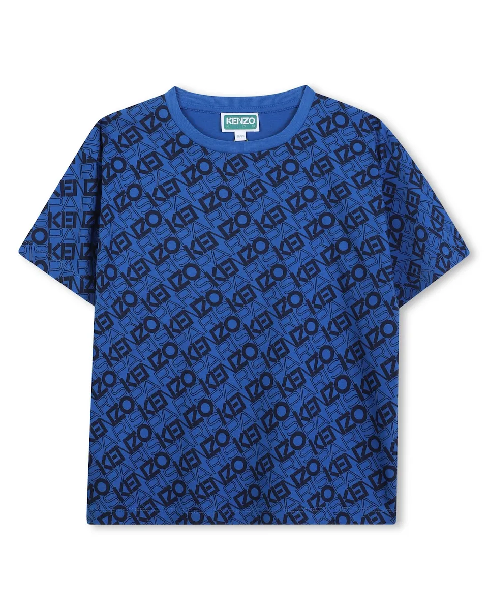 

Детская футболка с логотипом по всей поверхности из хлопка Kenzo Kids, синий