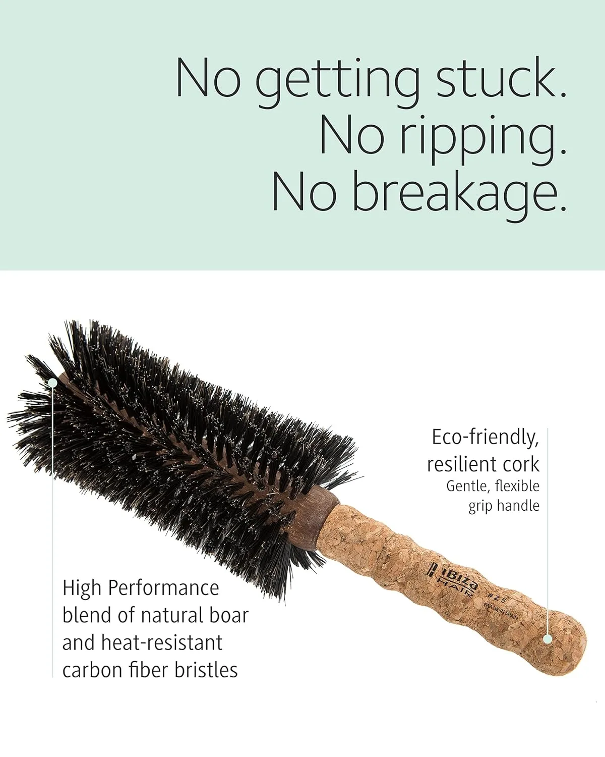 Щетка для волос Ibiza Hair Boar Bristle Concave Barrel (серия Z) с гибридной щетиной из кабана и термостойкого нейлона, пробковой ручкой, повторяет форму головы для блеска, для всех типов волос Z5, Brown — фото 3