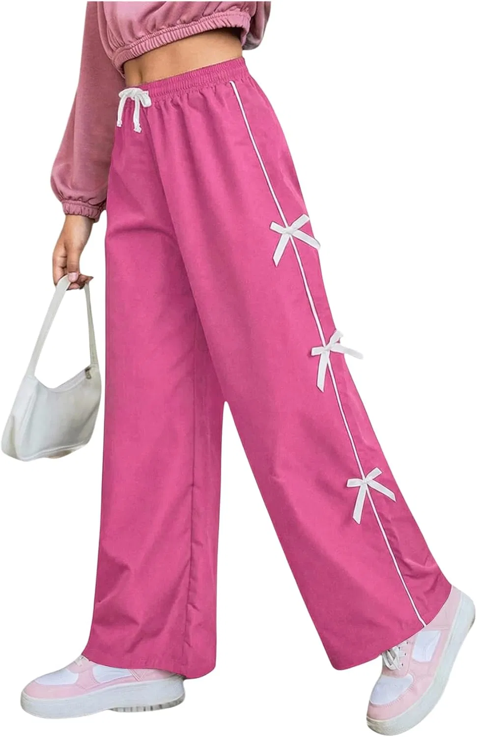 Детские спортивные брюки WDIRARA с бантом на талии и широкими штанинами, Hot Pink White