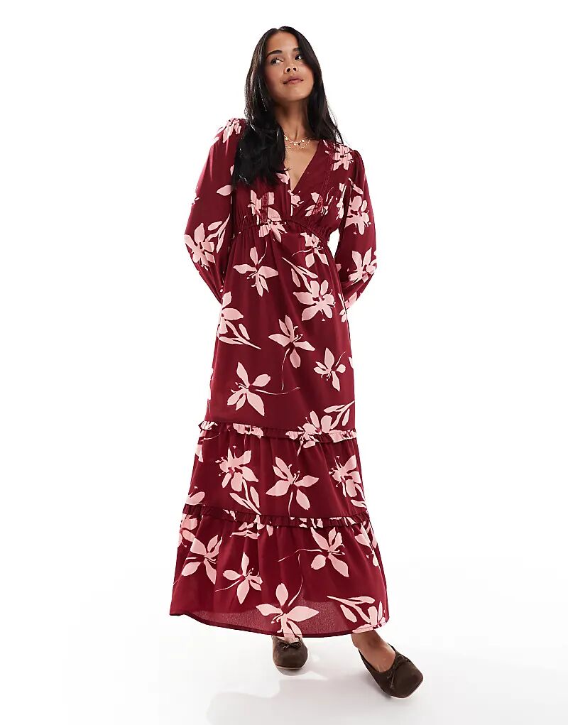 

Платье мидакси с глубоким вырезом спереди от Wednesday's Girl с цветочным принтом бордового цвета