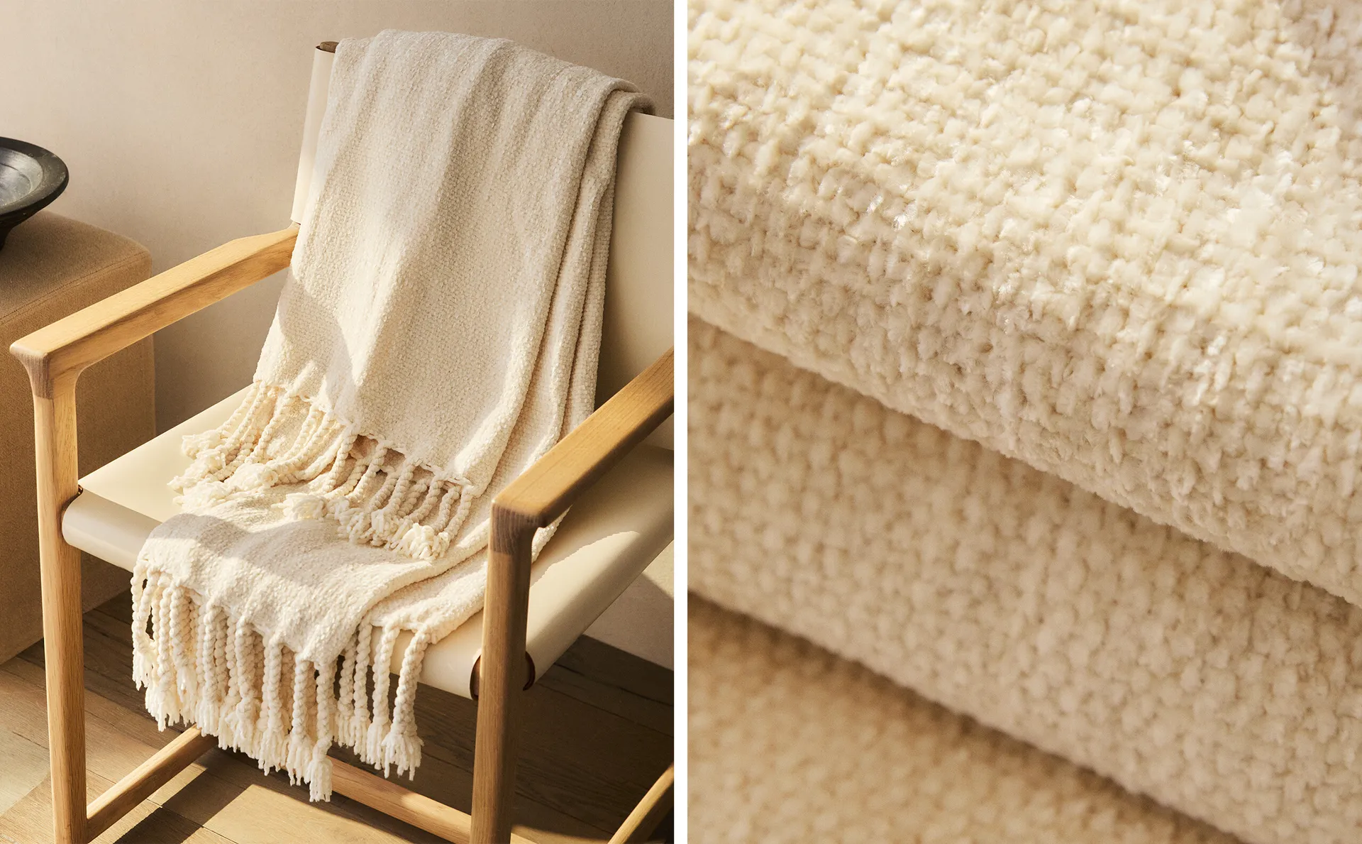 

Объемный плед из синели Zara Home, экрю
