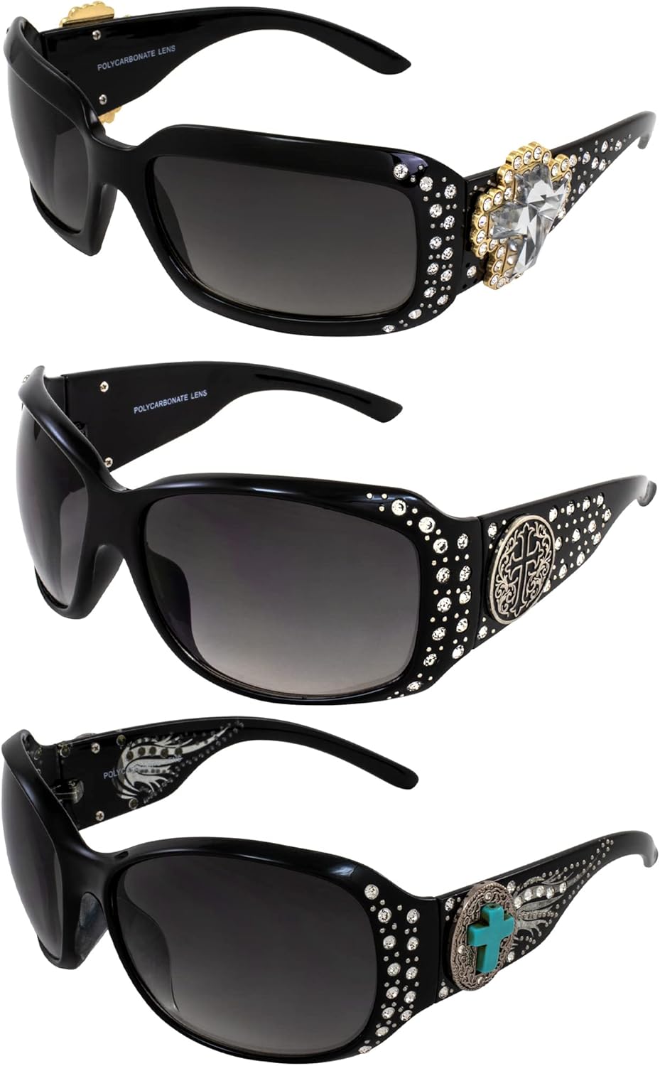 

Женские солнцезащитные очки Rodeo Queen (3 пары) в стиле «модная верховая езда», черная оправа с металлическим крестообразным элементом, блестящими стразами и линзами с дымчатым градиентом, Black-smoke