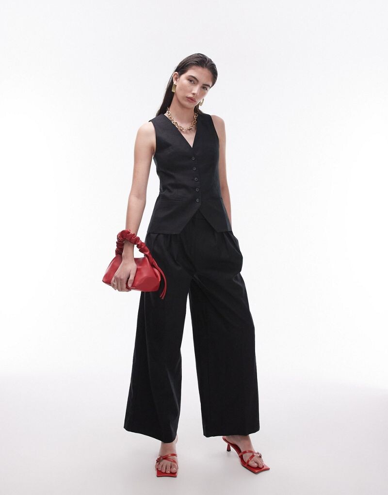 

Черные широкие льняные брюки Topshop