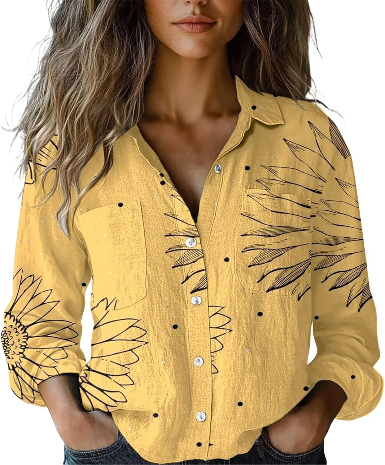 Блуза с цветочным принтом, Women's Long Sleeve Printed Button Down Shirt, желтый