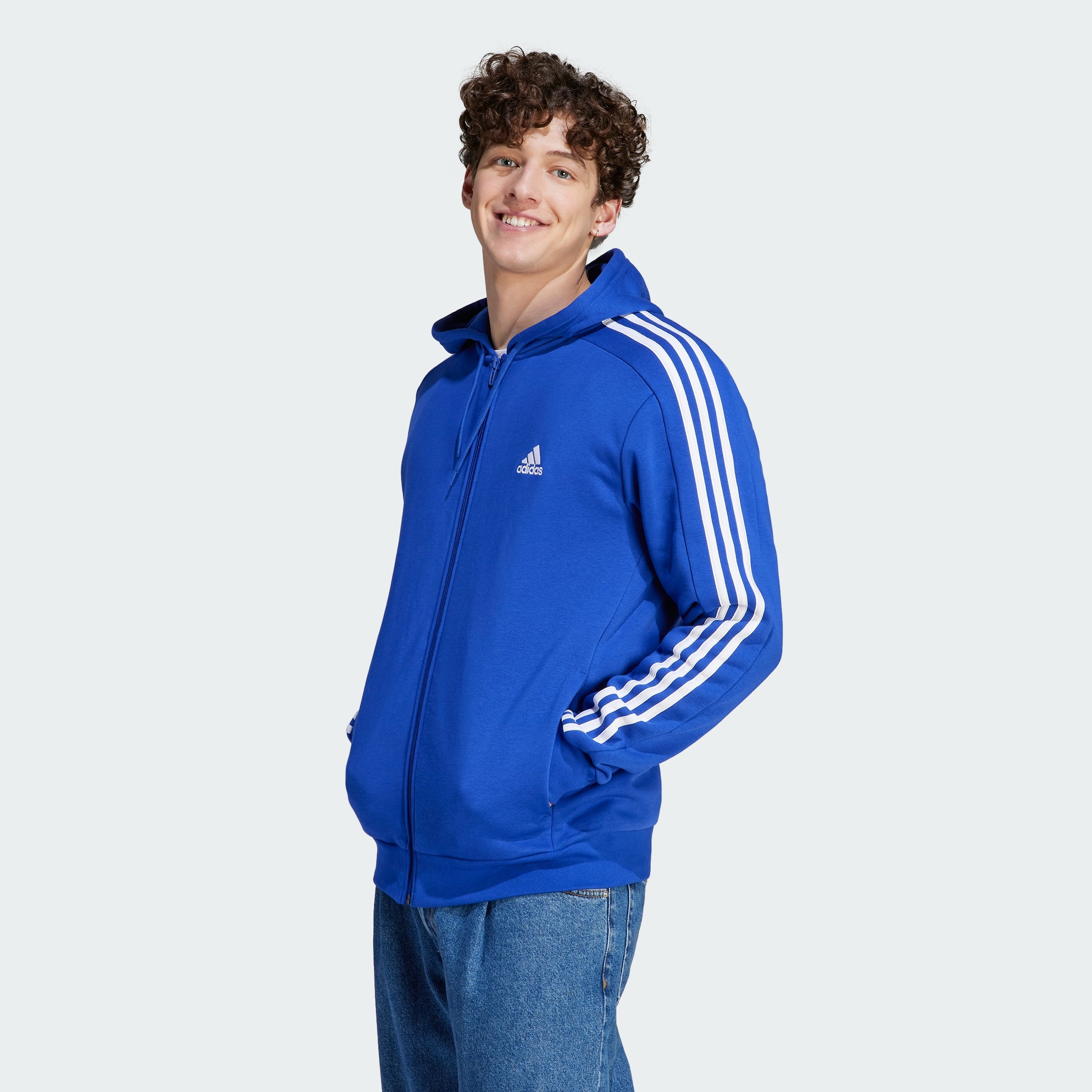 

Мужская толстовка с капюшоном adidas Essentials Fleece 3-Stripes Full-Zip, цвет semi lucid blue