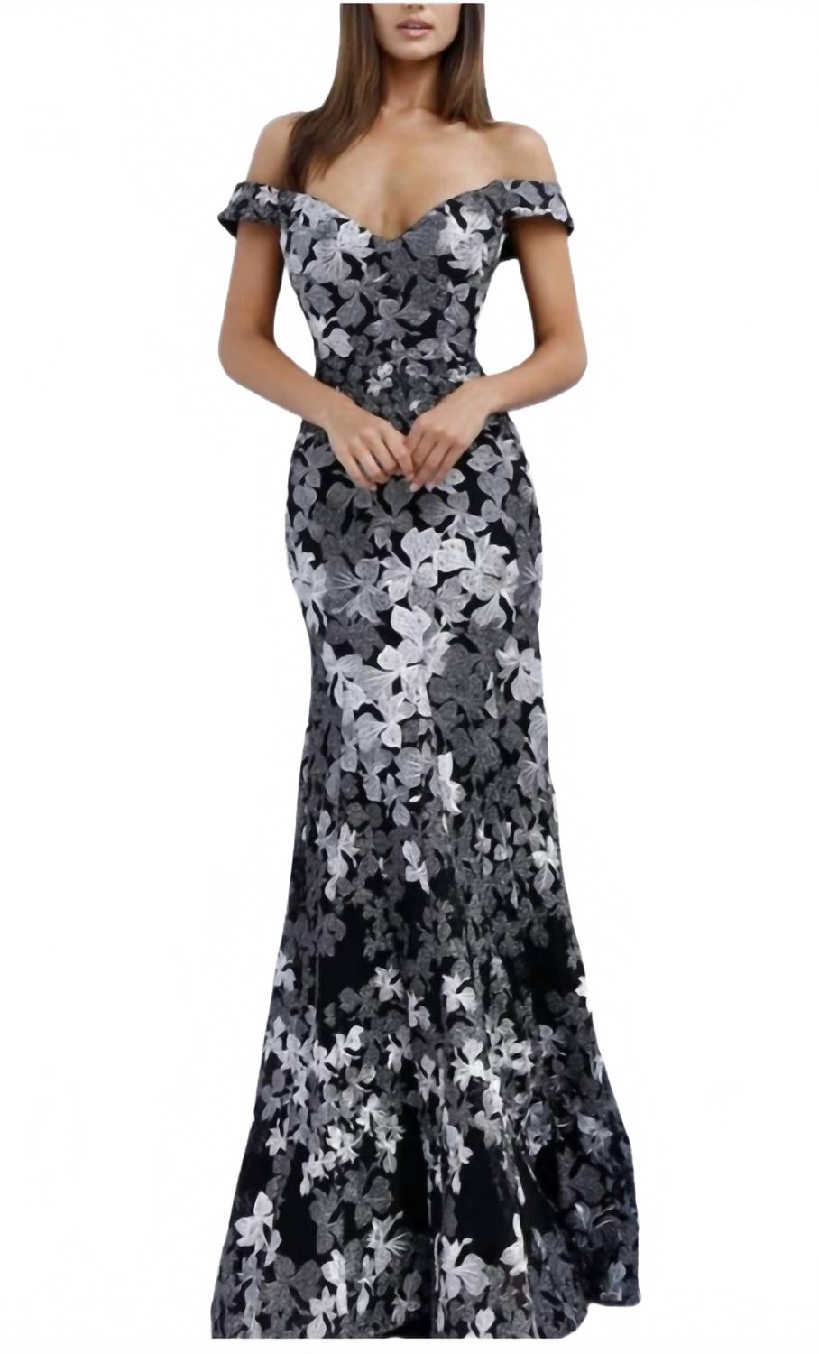 

Двухцветное платье с вышивкой и открытыми плечами в черном и разноцветном исполнении JOVANI