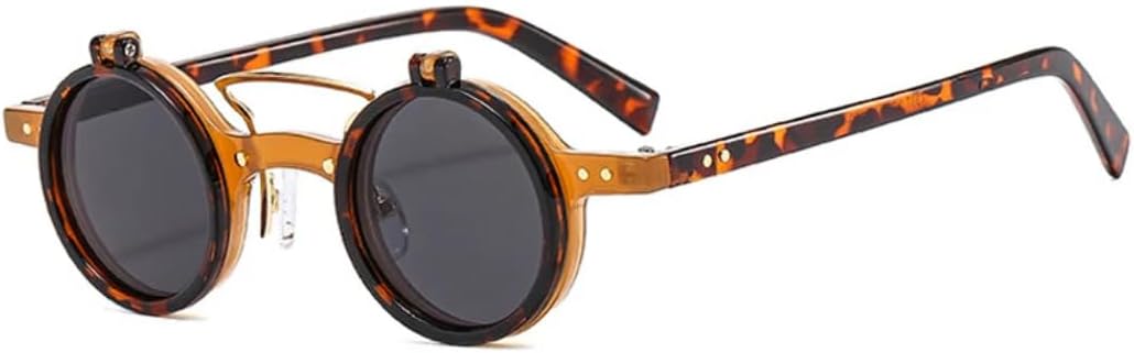 

Популярные модные маленькие круглые панк-солнцезащитные очки с двойной перемычкой для женщин, ретро-очки с откидными линзами, защита от УФ-излучения UV400, мужские очки с заклепками UUPTTPL, Tea Leopard Grey