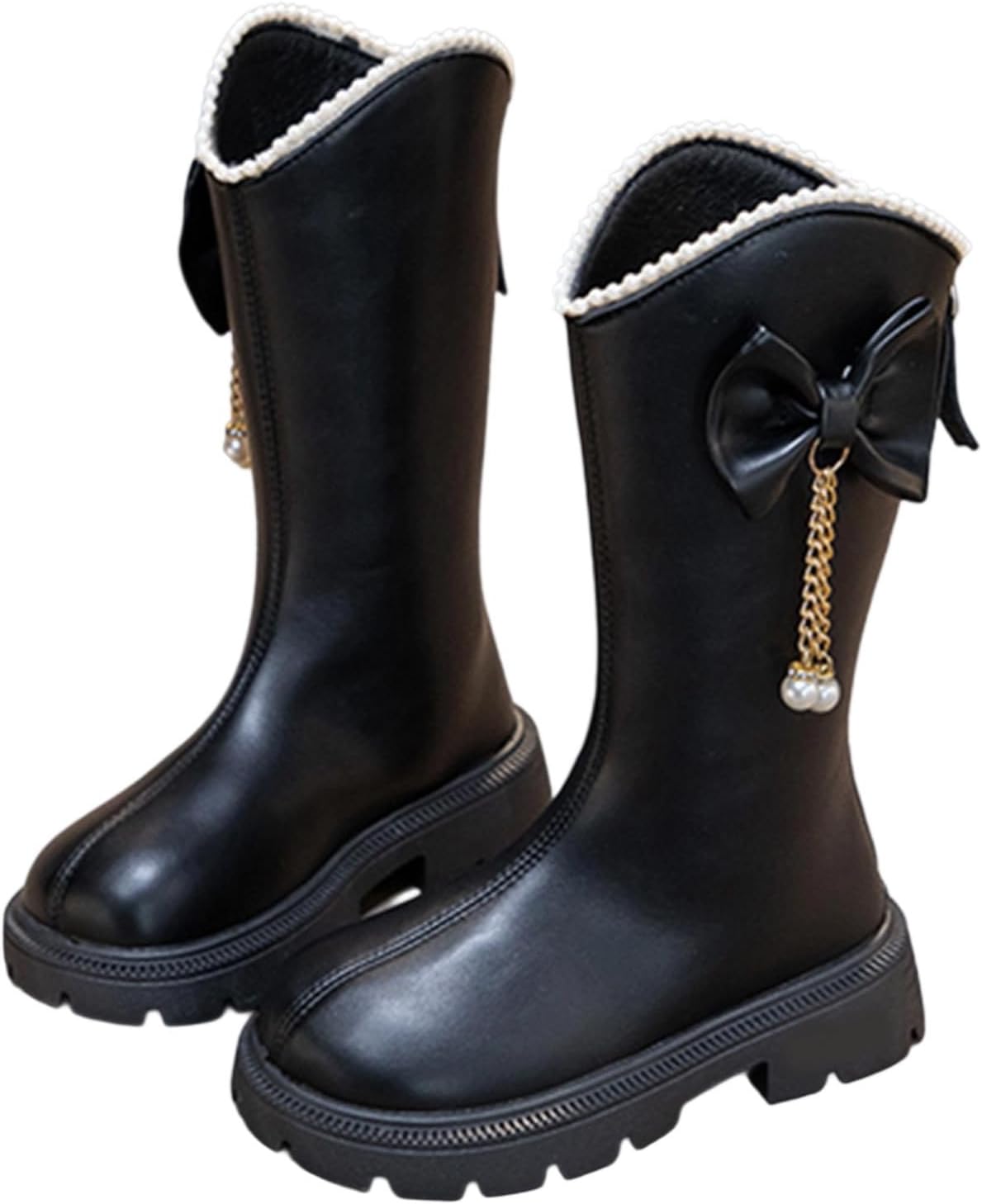 

Детские сапоги до колена для девочек, сапоги средней длины, верховые сапоги, искусственная кожа, молния, панк/гот стиль, осень-зима, с бантом, боевые сапоги, маленькие и большие размеры Generic, B04 Black