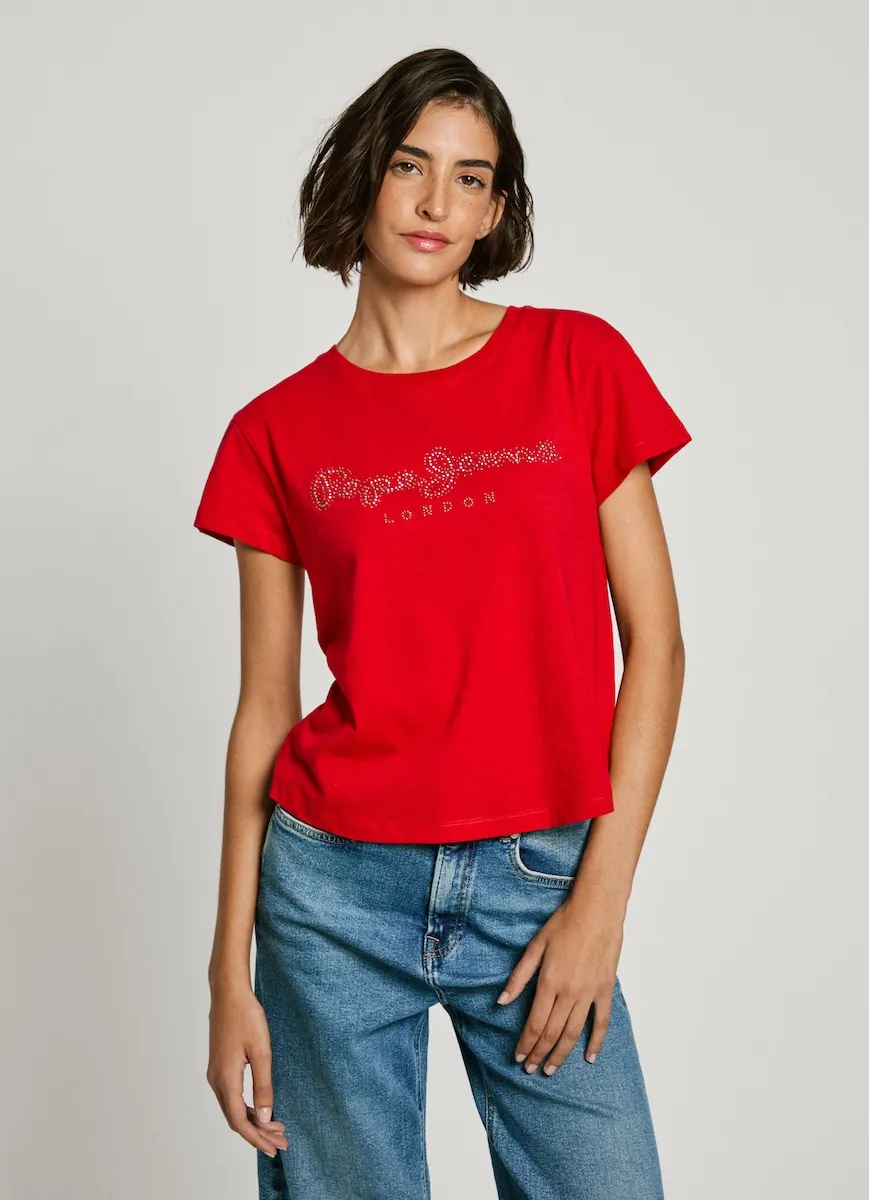 

Женская футболка с коротким рукавом и логотипом из стразов Pepe Jeans, красный