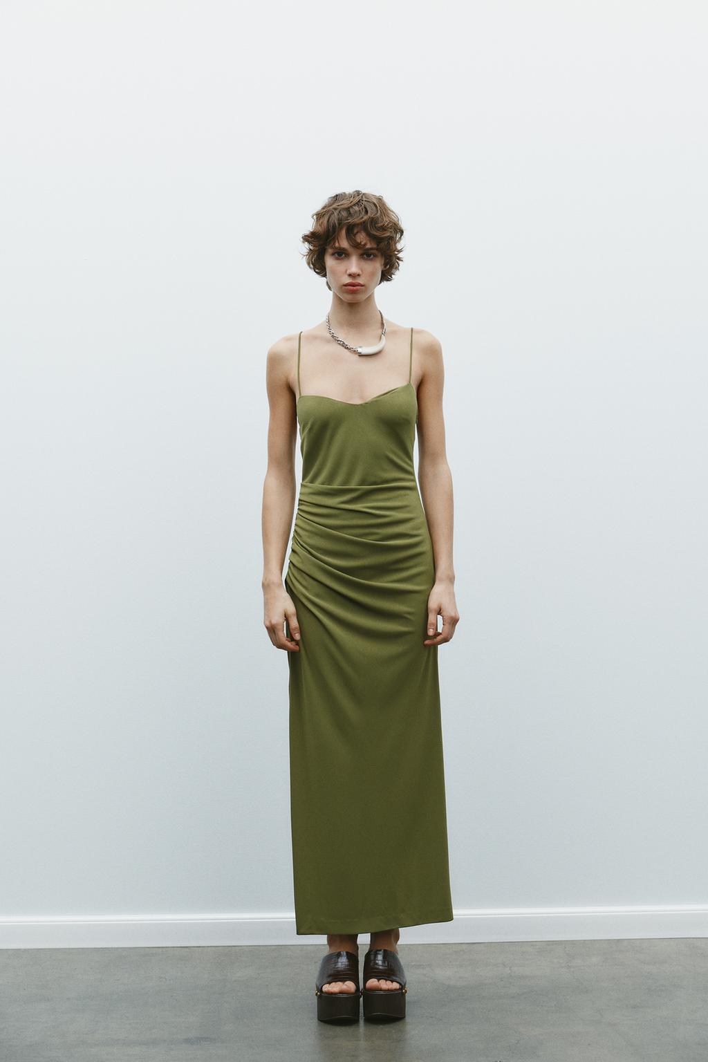 

Платье миди со сборкой ZARA, цвет Moss green