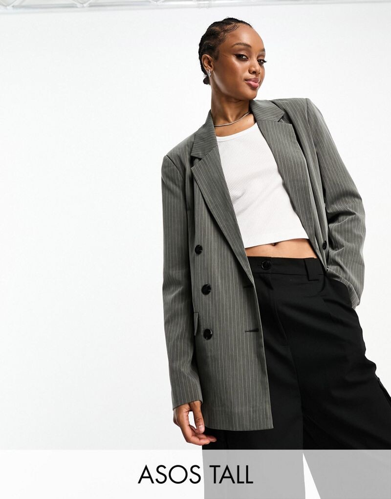 

Серый двубортный пиджак в тонкую полоску ASOS DESIGN Tall
