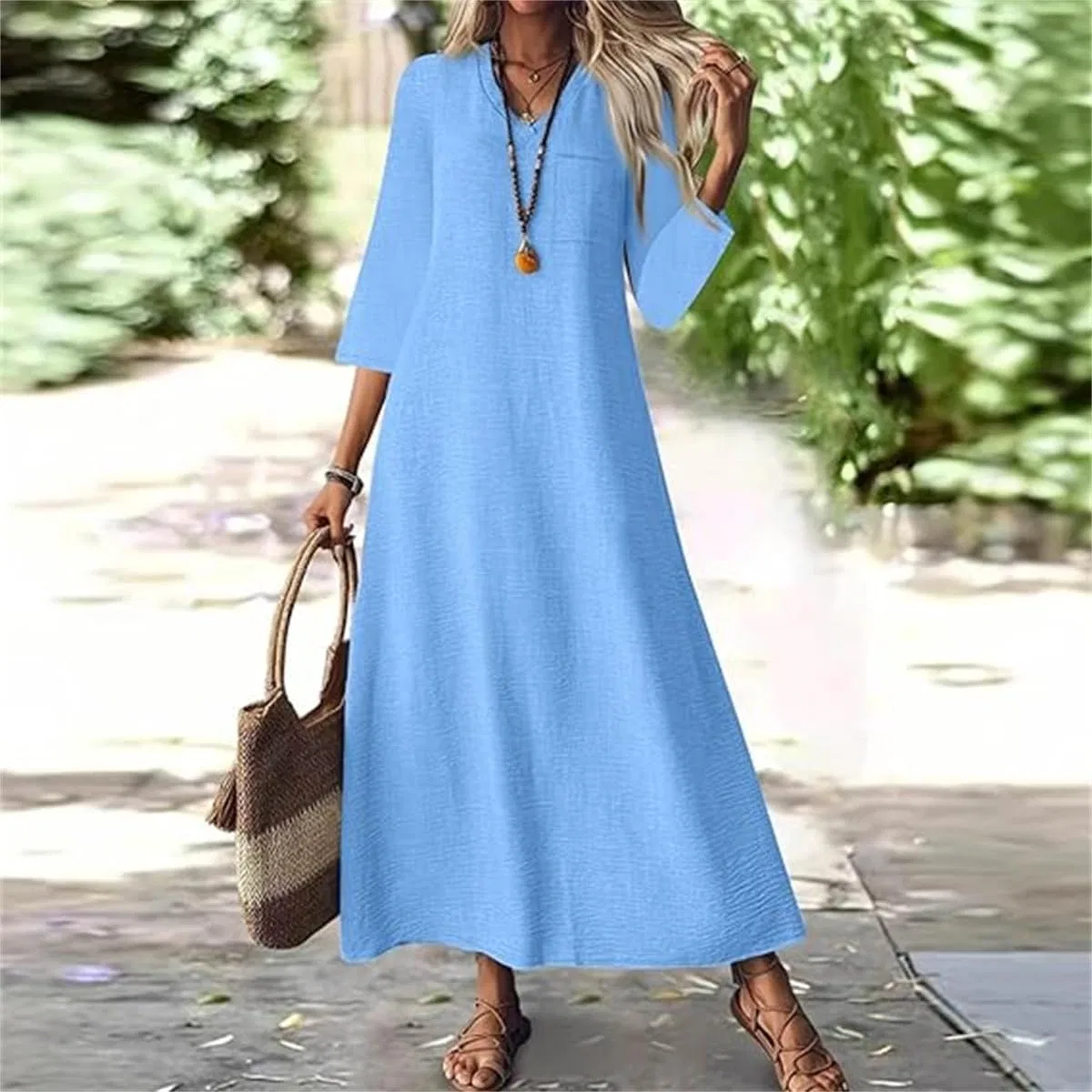 Льняное платье Women Sleeveless V Neck туника Boho макси, летнее однотонное струящееся пляжное платье для отпуска Generic, темно-зеленый — фото 3