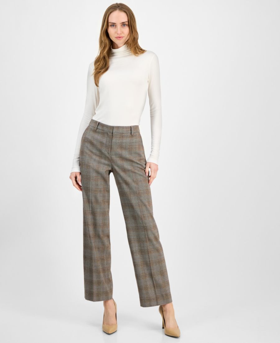 

Женские клетчатые брюки средней посадки с широкими штанинами Anne Klein, Soft Birch Multi