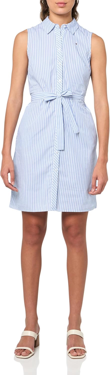 

Женское мини-платье-рубашка Tommy Hilfiger без рукавов с воротником, пуговицами спереди и завязкой на талии, Bright White/French Blue