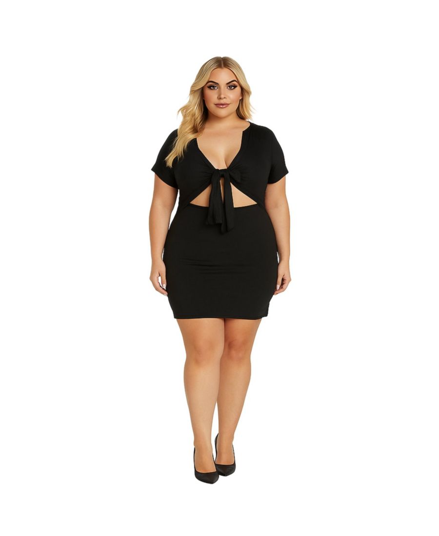 

Мини-платье большого размера с вырезом, завязками спереди и короткими рукавами Poetic Justice, Black