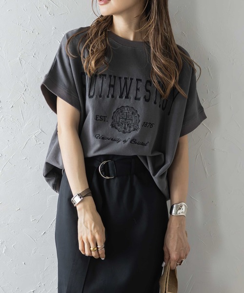 

Футболка с вышивкой, колледж-стайл, бренд Bonjour Sagan, цвет угольно-серый