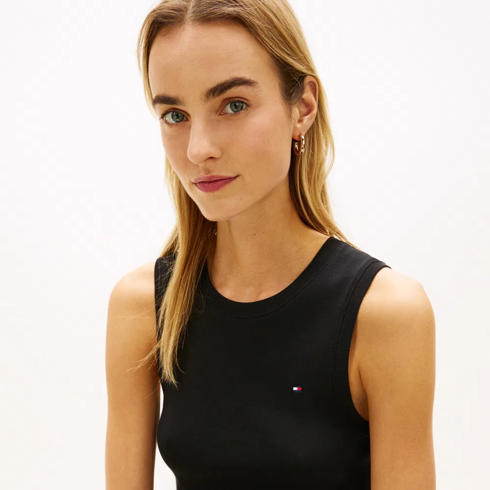Женский хлопковый ребристый топ-майка Tommy Hilfiger Women чёрный — фото 4