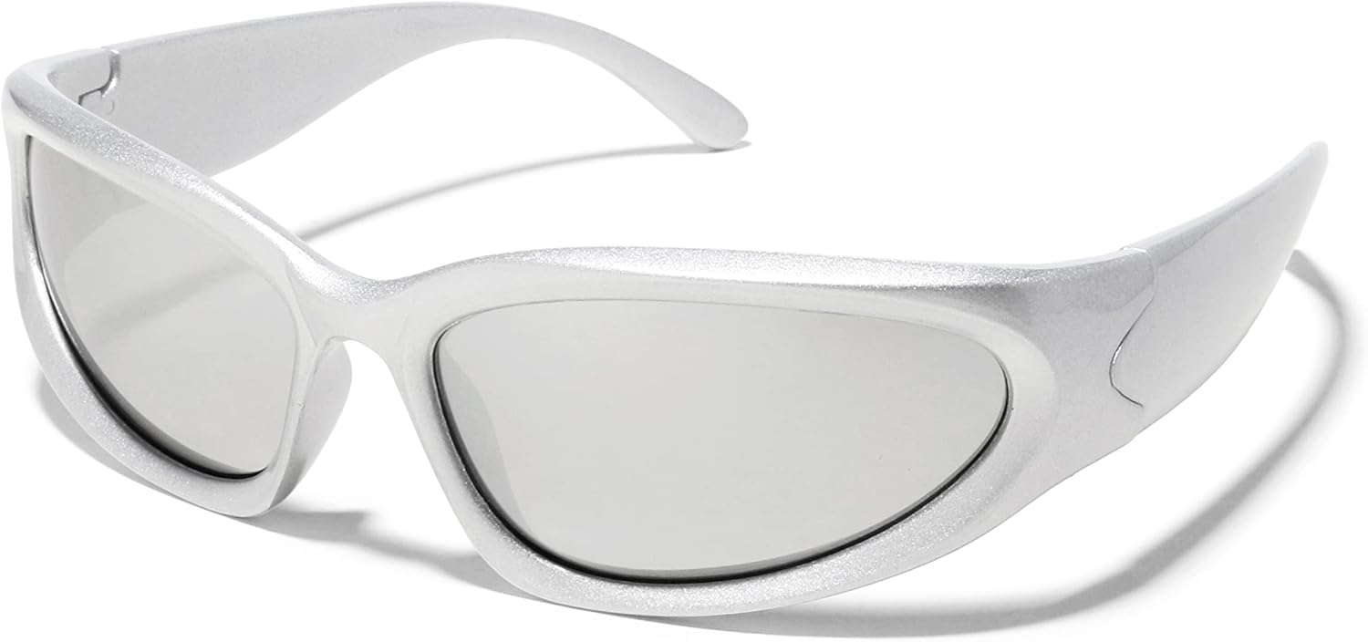 

Солнцезащитные очки ShadyVEU Y2K с обтекаемой формой, футуристические, узкие, модные, овальной формы, спортивные, с защитой от ультрафиолета UV400, Silver Frame / Silver Lens