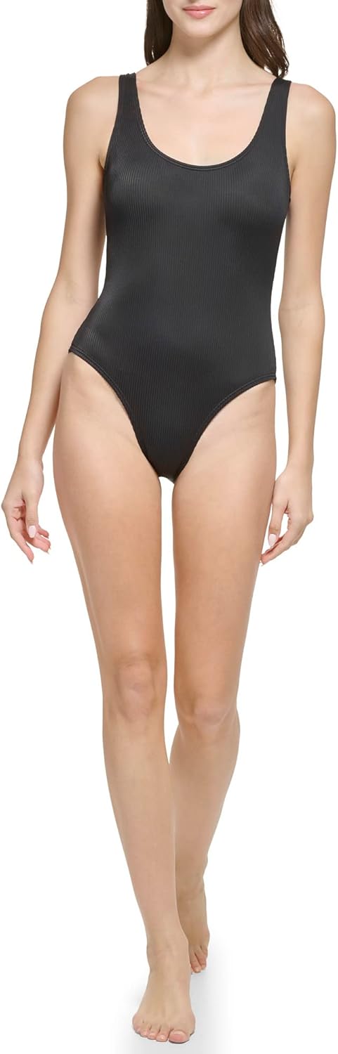 

Классический женский слитный купальник Calvin Klein через плечо, Black Rib Logo