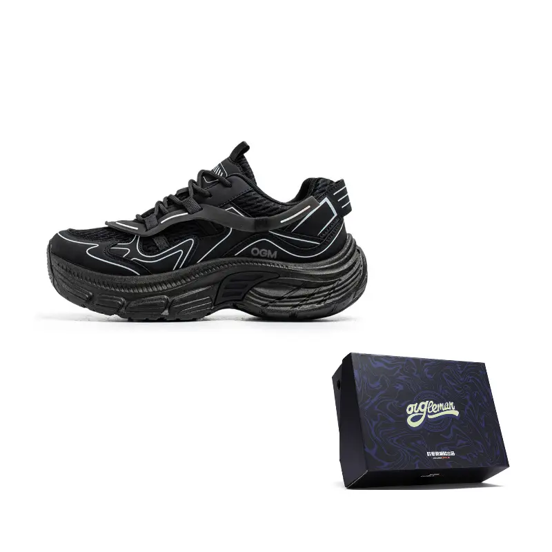 

OUGLEMEN Скользоустойчивые износостойкие дышащие низкие массивные кроссовки мужские черные, цвет Black