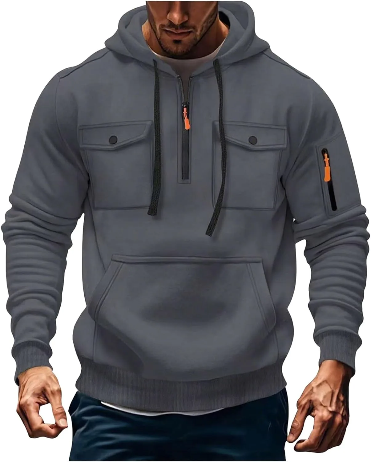 

Тактический худи для мужчин с четвертью молнии, флисовый пуловер, свободный крой, с карманами на молнии FOCLMP