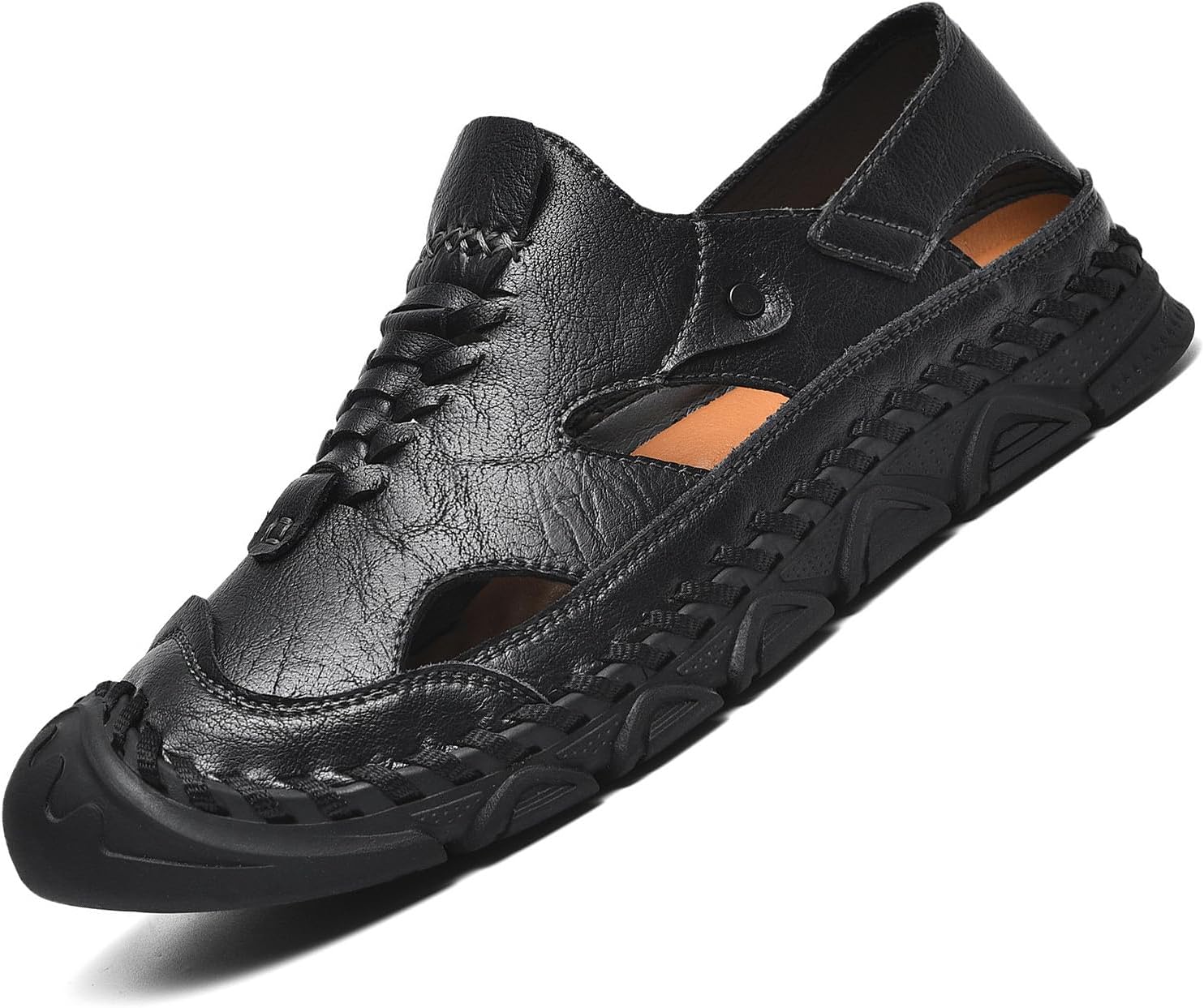 

Мужские кожаные сандалии-слипоны с закрытым носком, ручная прошивка, для рыбалки, на открытом воздухе, повседневные, дышащие, с мягкой подошвой, для ходьбы и спорта, летние нескользящие пляжные водные туфли Optigard, черный