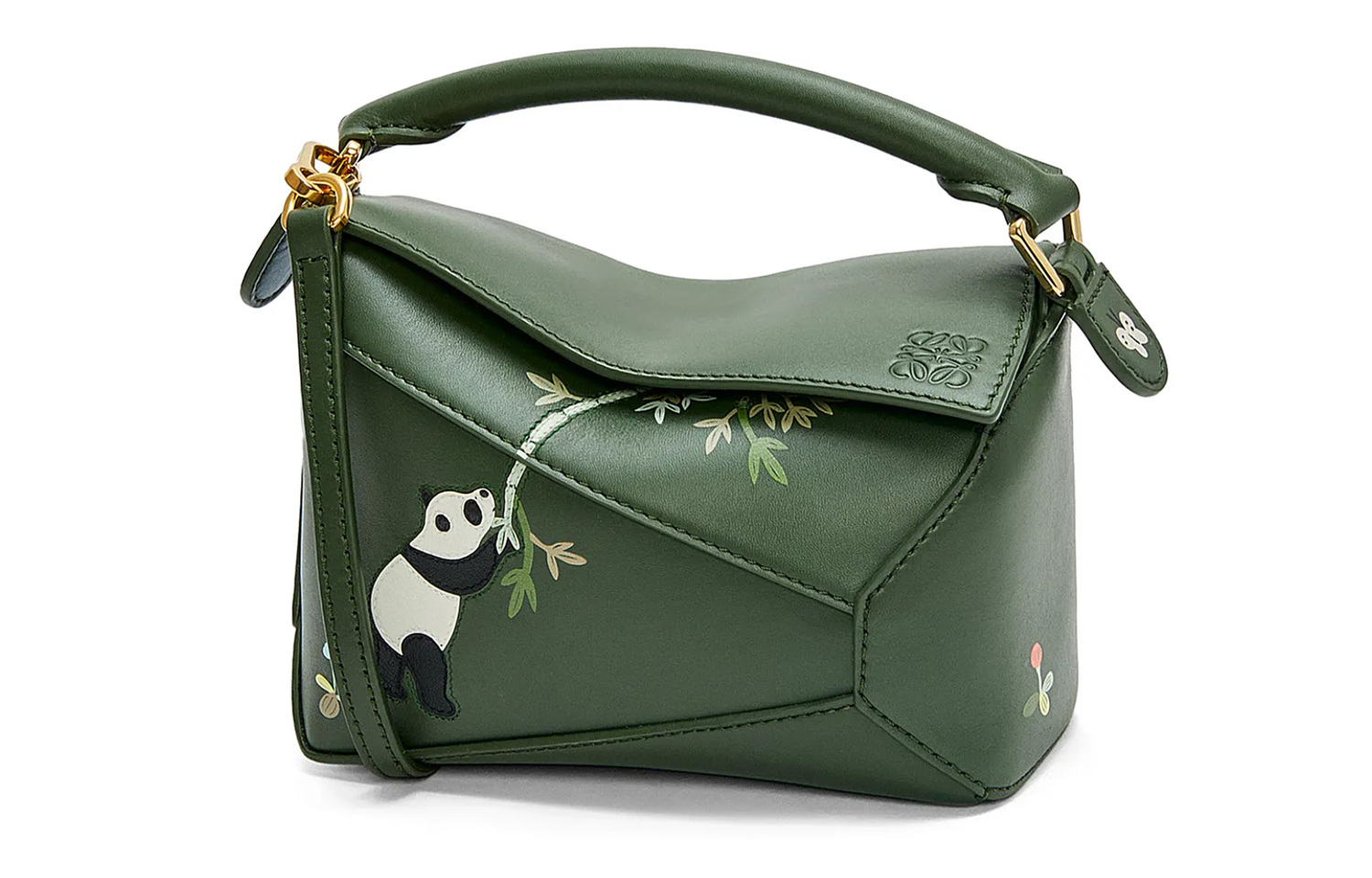 

Сумка через плечо мини женская из сатинированной телячьей кожи темно-зеленого цвета Suna Fujita Collaboration Puzzle LOEWE