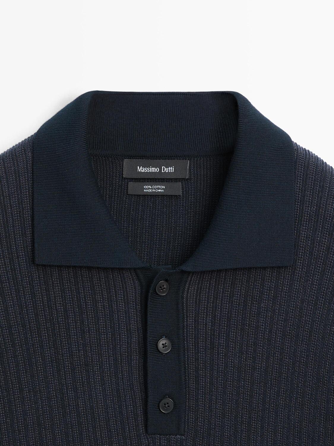 Текстурированное вязаное поло с коротким рукавом Massimo Dutti, faded navy — фото 4