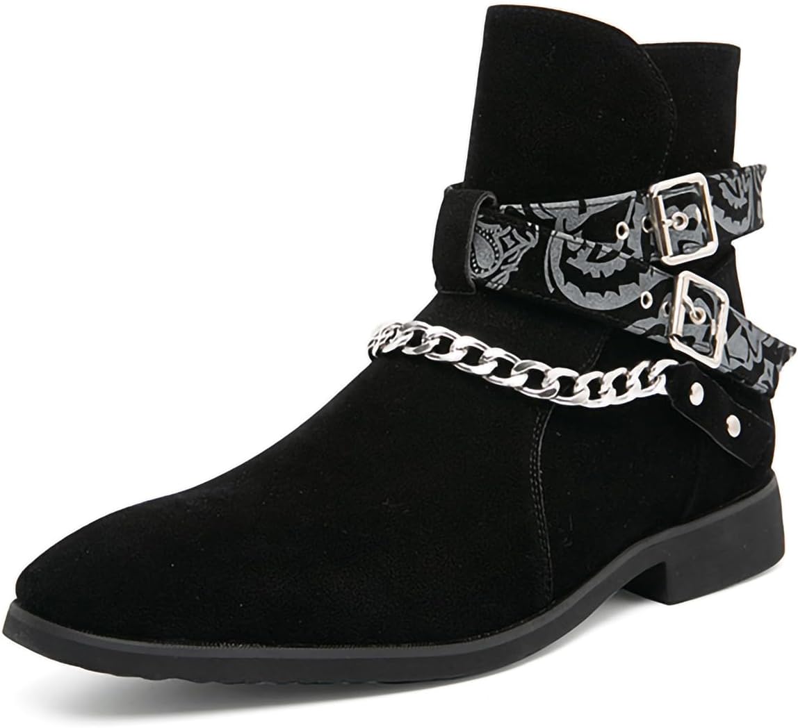 

Мужские ботинки Челси с квадратным носком, классические ботинки до щиколотки, повседневные замшевые ботинки с пряжкой, стильные кожаные туфли с цепочкой Generic, черный