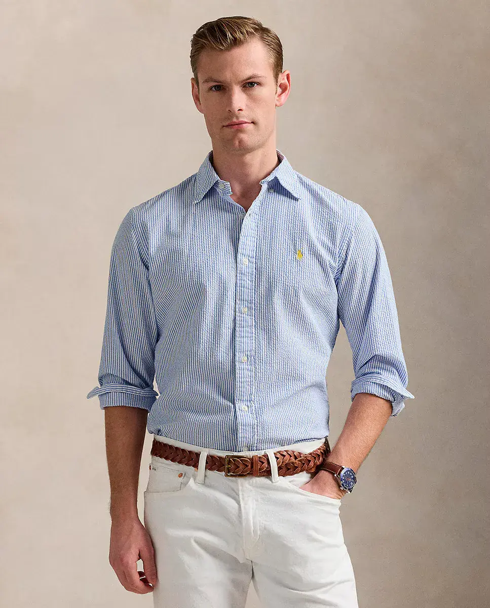 

Мужская рубашка из ткани сирсакер, стандартного кроя Polo Ralph Lauren, синий