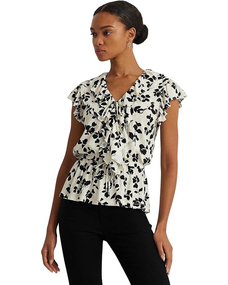 

Свитер LAUREN Ralph Lauren Leaf-Print Ruffle-Trim Jersey Peplum Top, цвет Cream/Black