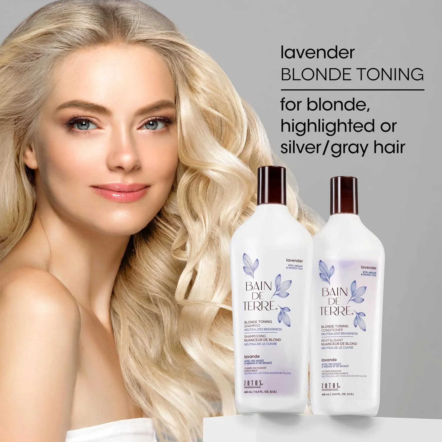 Кондиционер для тонирования Bain de Terre Lavender Blonde, нейтрализует медные оттенки для холодного блонда, мелированных или седых волос, с маслами арганы и монои, без парабенов, веганский, 400 мл 399/112 мл (3 шт.), Green — фото 4