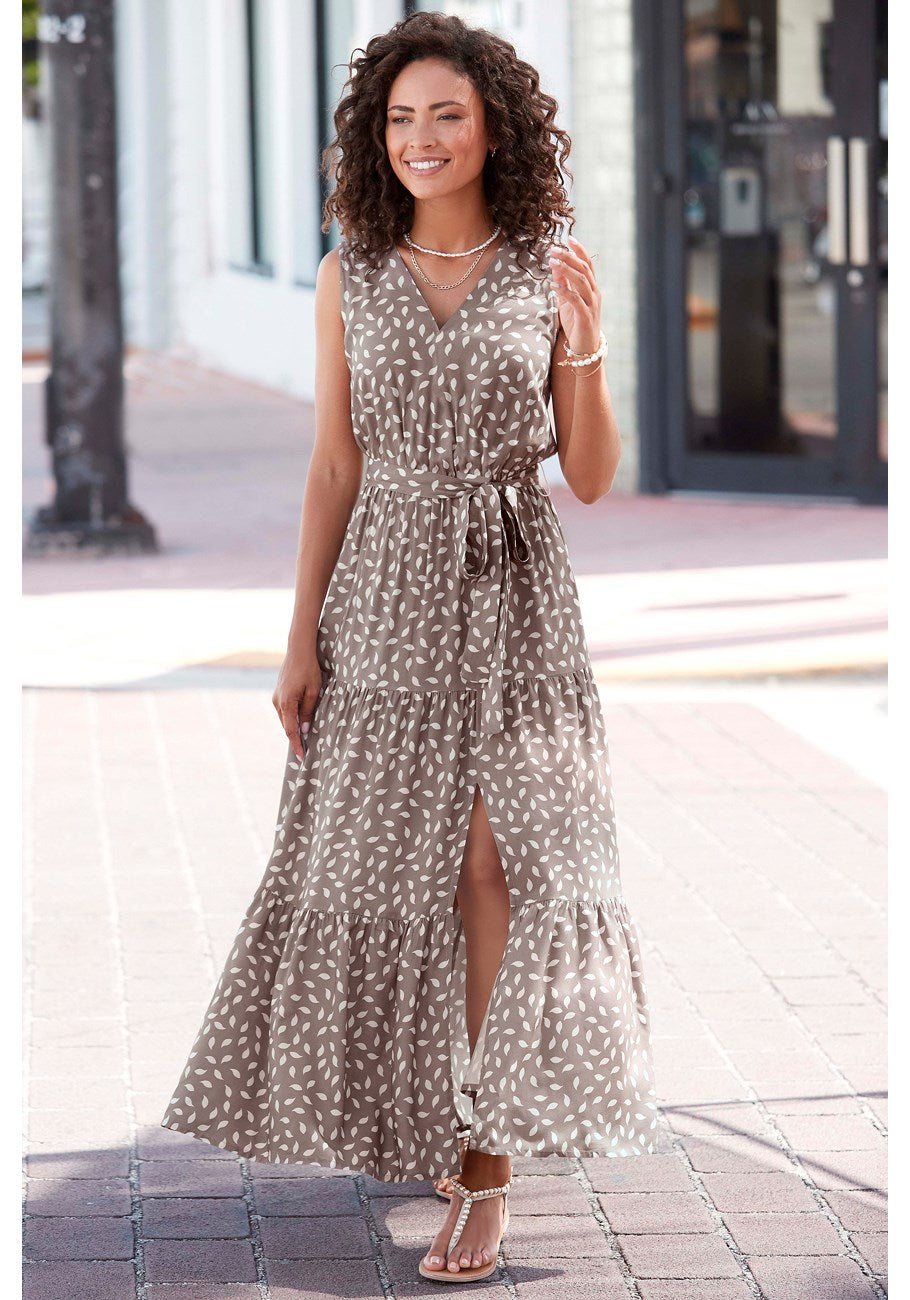 

Женское платье макси с многоуровневым разрезом LASCANA, цвет taupe patterned