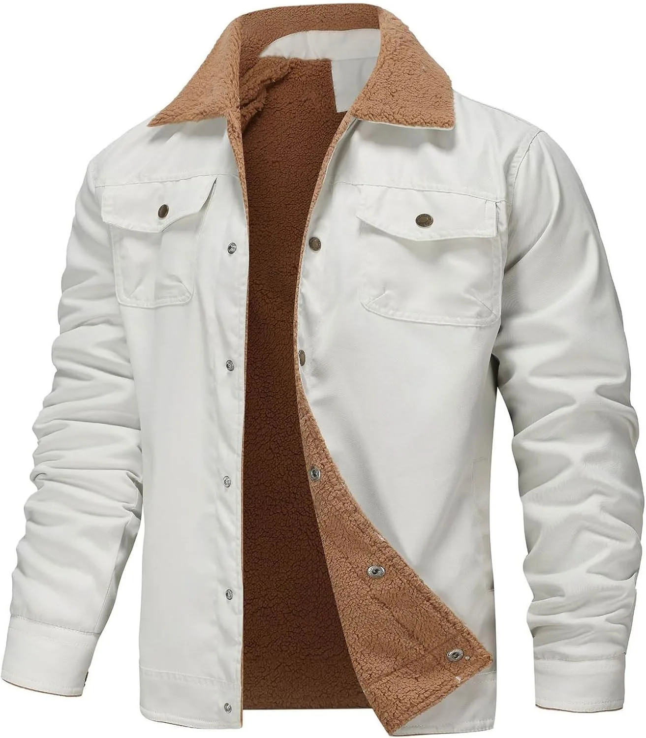 Мужская куртка-рубашка Sherpa Fleece Cotton с лацканами в стиле Trucker, рабочая куртка с карманами Cargo, утепленная теплая куртка на флисовой подкладке Generic, белый