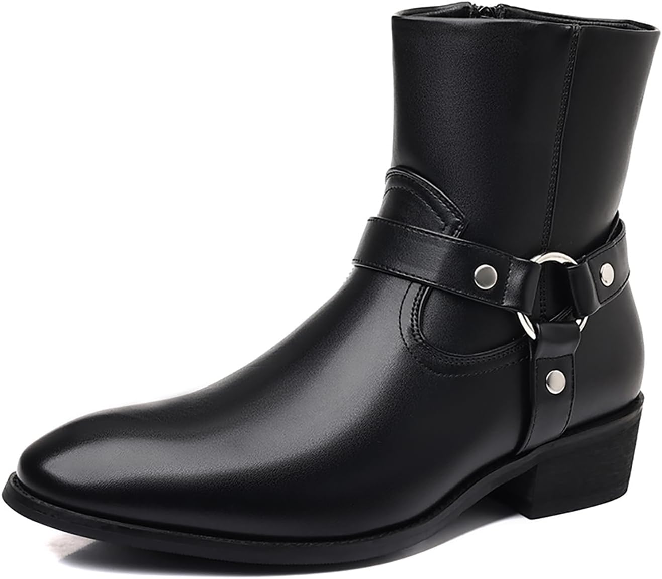 

Мужские кожаные ботинки Челси с металлическим кольцом, боковой молнией, стильным заостренным носком, массивным каблуком, мотоциклетные ботинки, ретро, деловые, рабочие, для вечеринок, прогулочные, классические ботильоны Nxnbhsl, черный