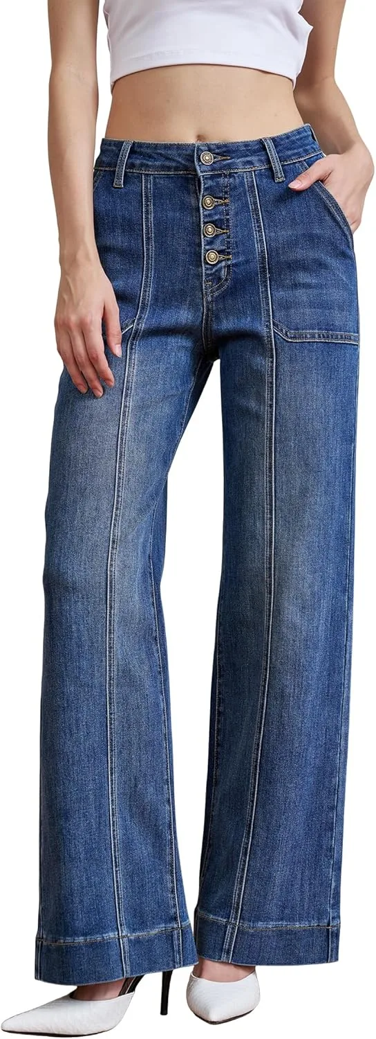 

Женские джинсы dad jeans с прямыми штанинами, зауженные спереди, с эффектом контроля живота Menbnua