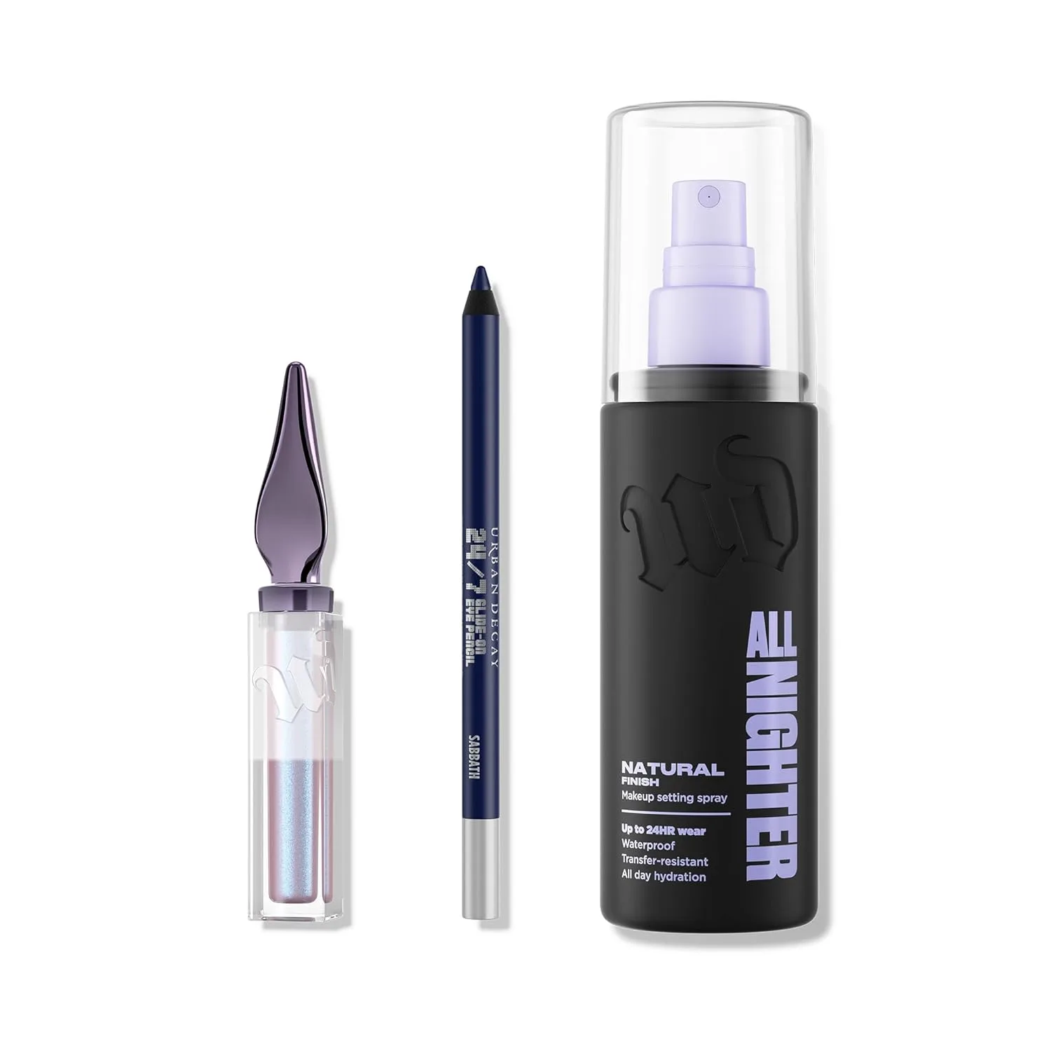 Urban Decay Icy Holiday Makeup Look (Frost Boss 3Pc Bundle) - набор для макияжа глаз и лица - All Nighter Setting Spray Natural, 24/7 Waterproof Eye Pencil, 24/7 Glaze On Shimmer Liquid Eyeshadow