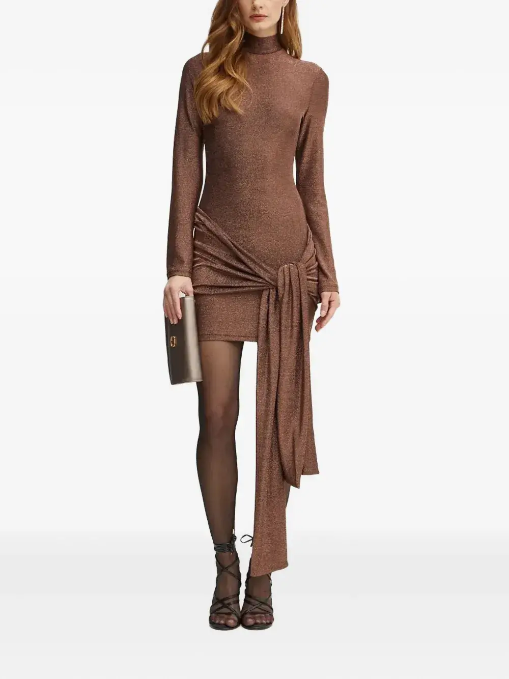 

Мини-платье с завязкой спереди и ложным воротником Bardot, коричневый