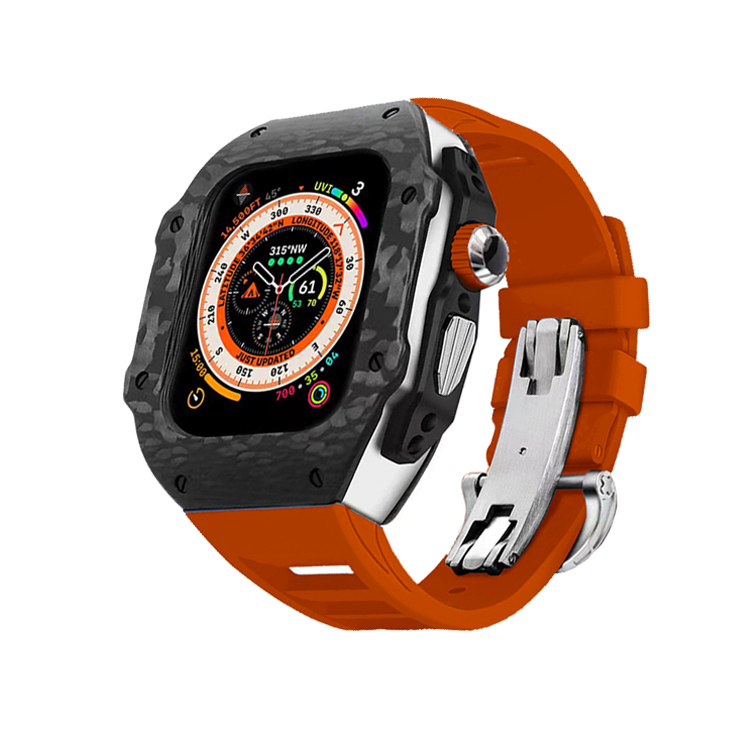 

Vobafe Часы Strap Apple Compatibility Carbon Fiber Material, Black with silver frame case + orange butterfly buckle strap