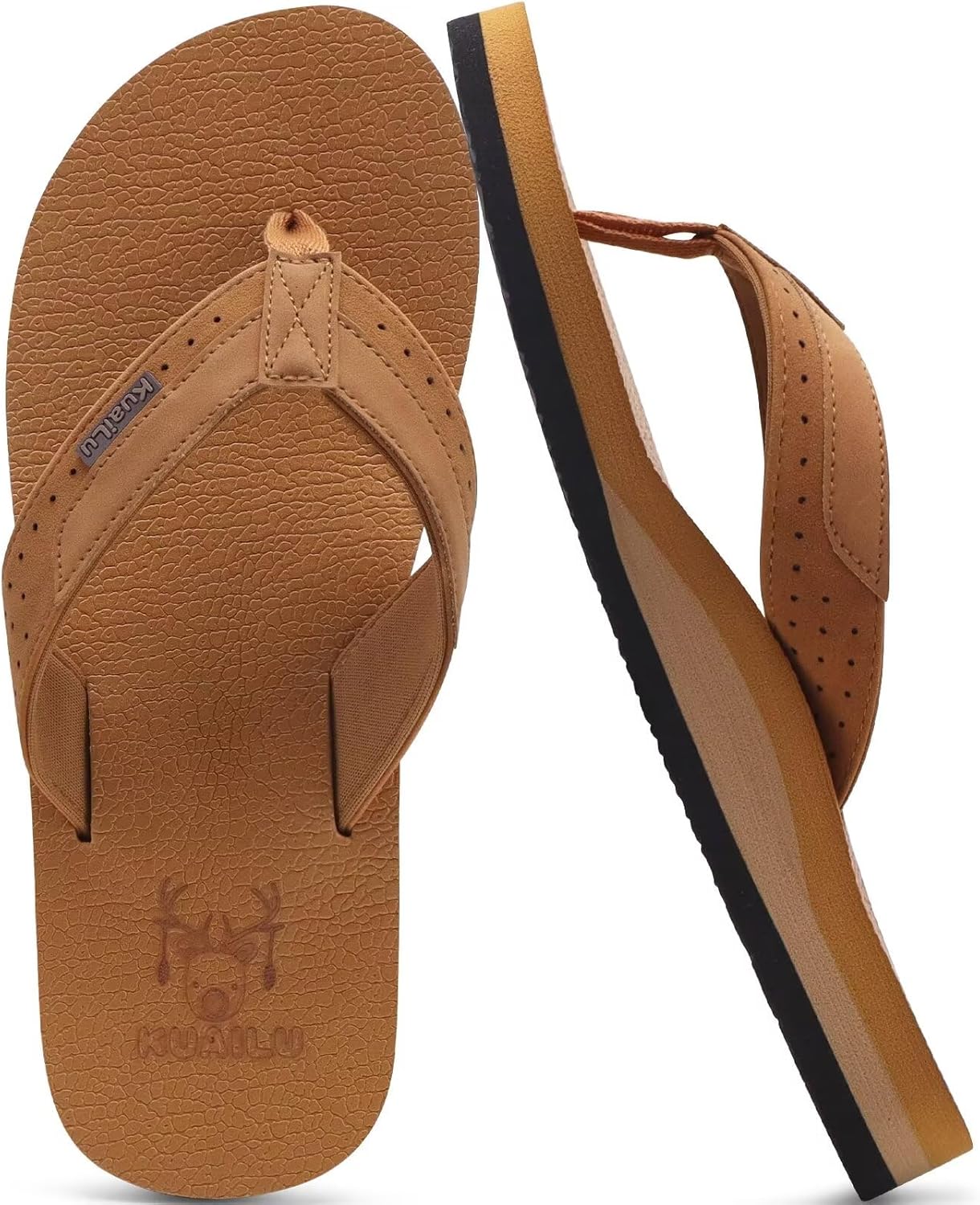 

Мужские шлепанцы KuaiLu для йоги из кожзама с поддержкой свода стопы, удобной амортизирующей подошвой, для ходьбы, сандалии-вьетнамки без застежек для дома и улицы, ярко-коричневый