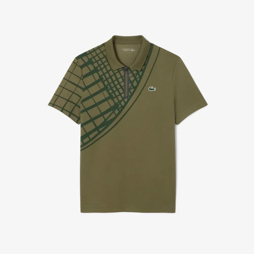 Мужская теннисная рубашка поло Lacoste с короткими рукавами и молнией, цвета хаки — фото 2