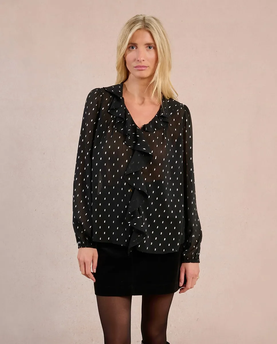 

Женский топ с длинным рукавом, оборкой и в горошек Molly Bracken, черный