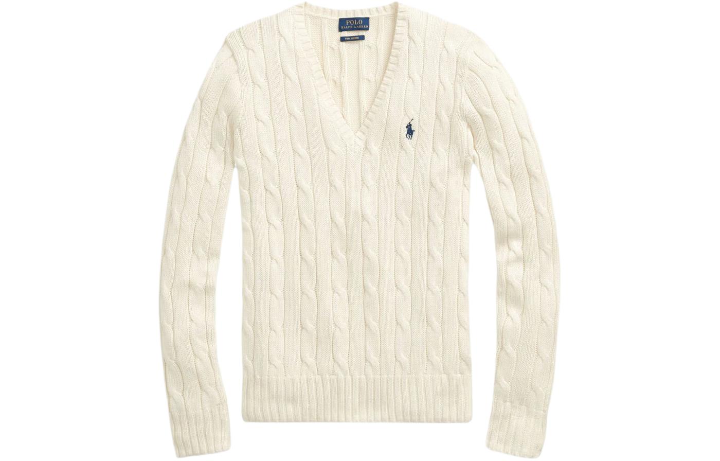 

Кимберли Вязаный кабельный джемпер с V-образным вырезом Polo Ralph Lauren, Экрю